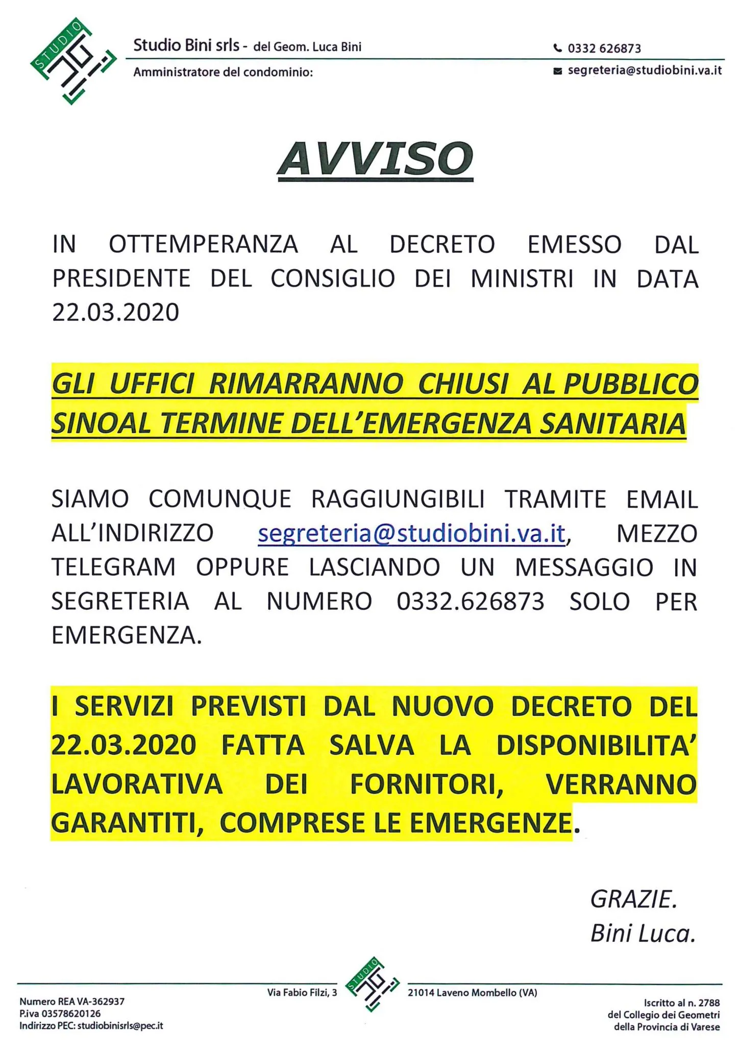 Avviso di chiusura degli uffici per l’emergenza Covid-19