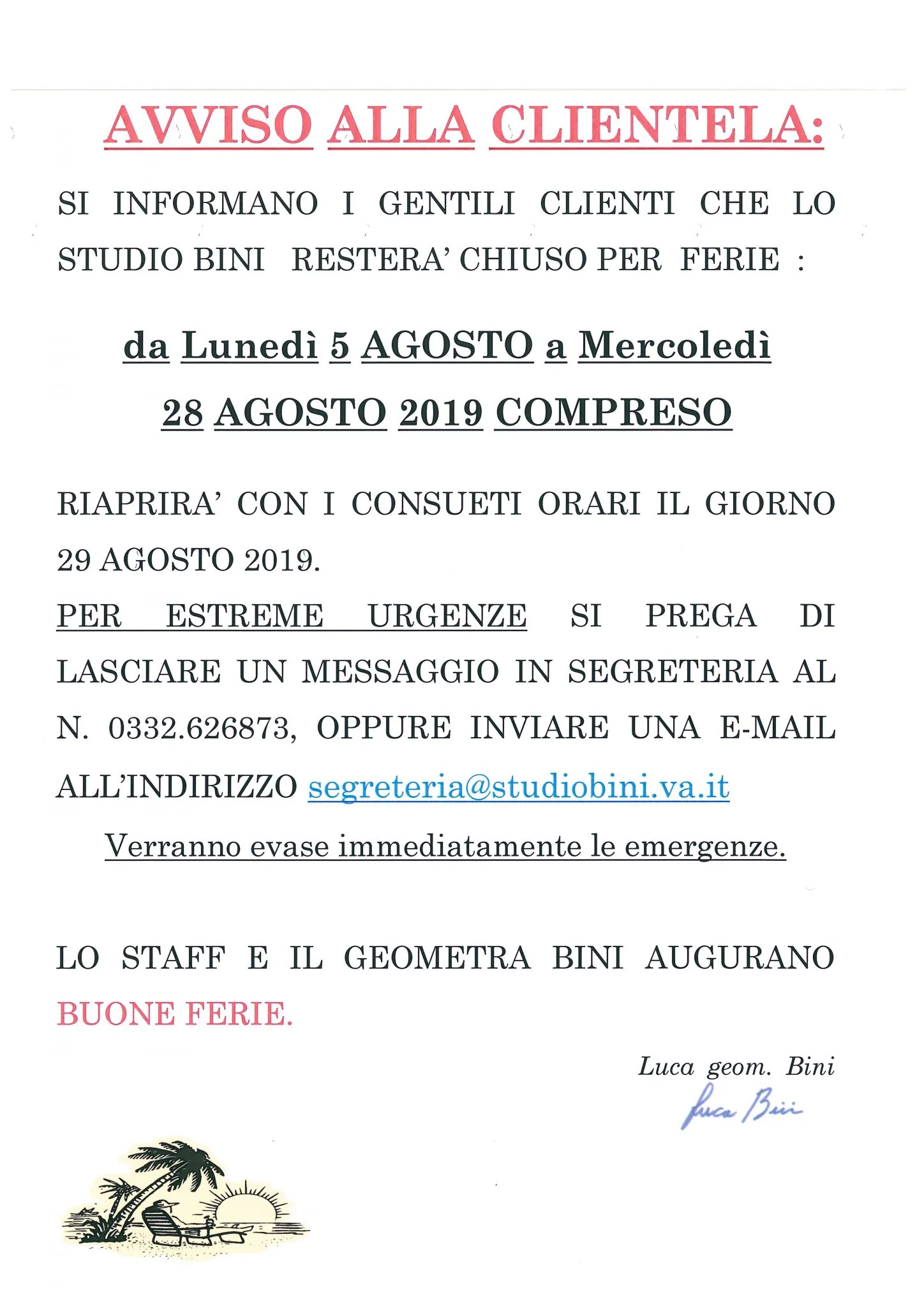 Avviso originale della chiusura estiva 2019