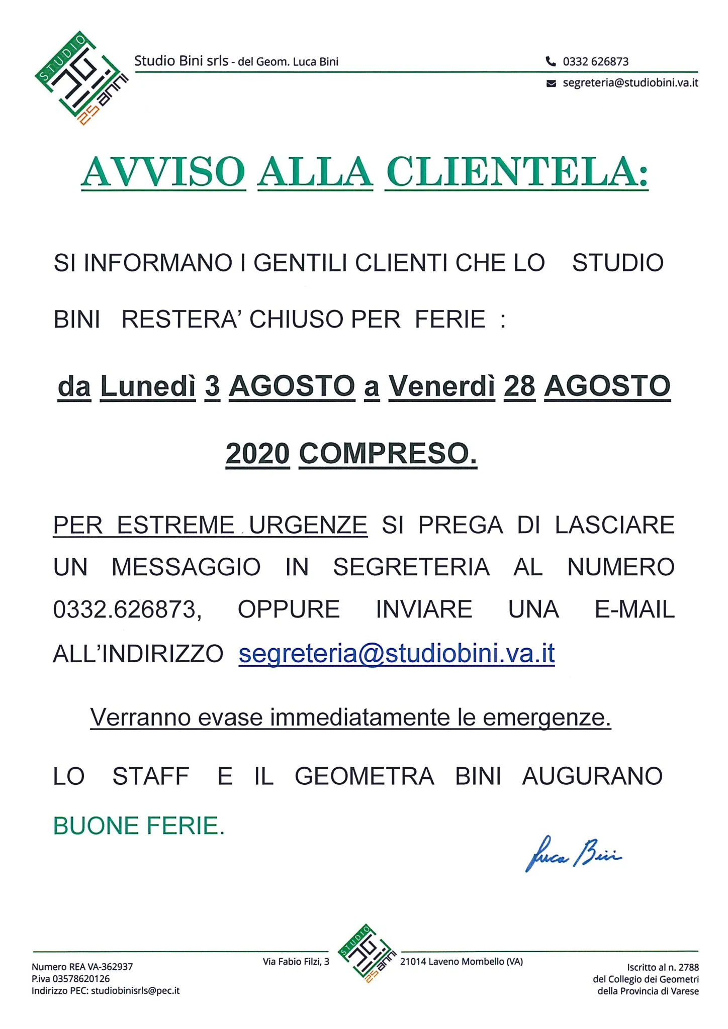Avviso originale della chiusura estiva 2020