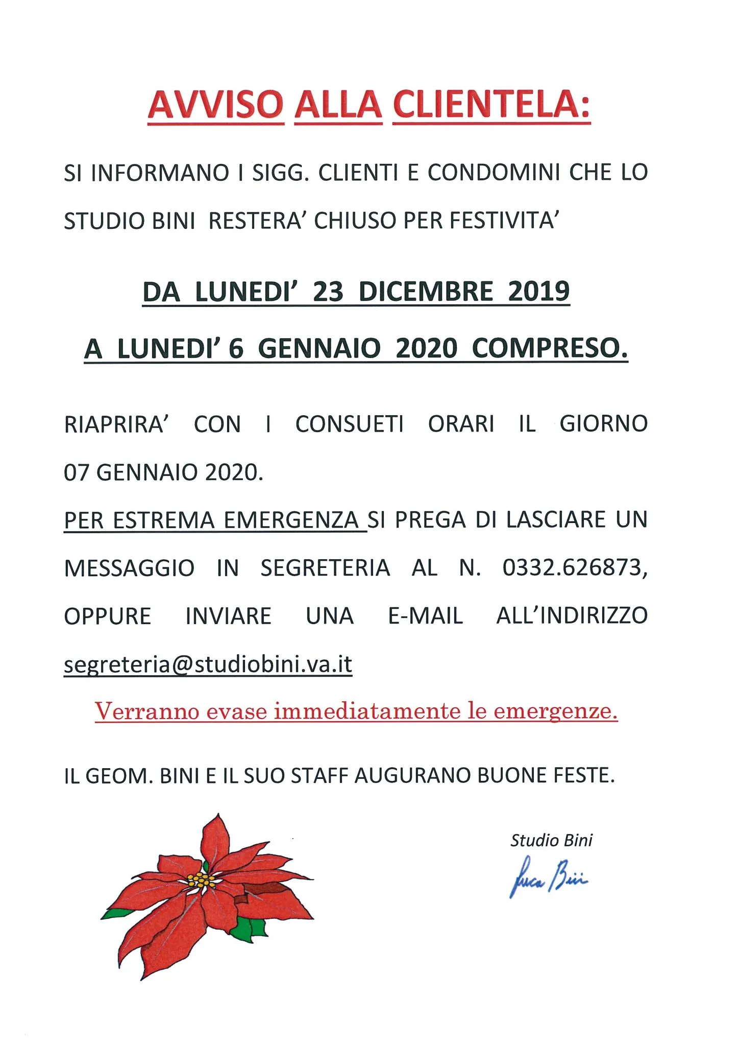Avviso originale della chiusura per le festività 2019