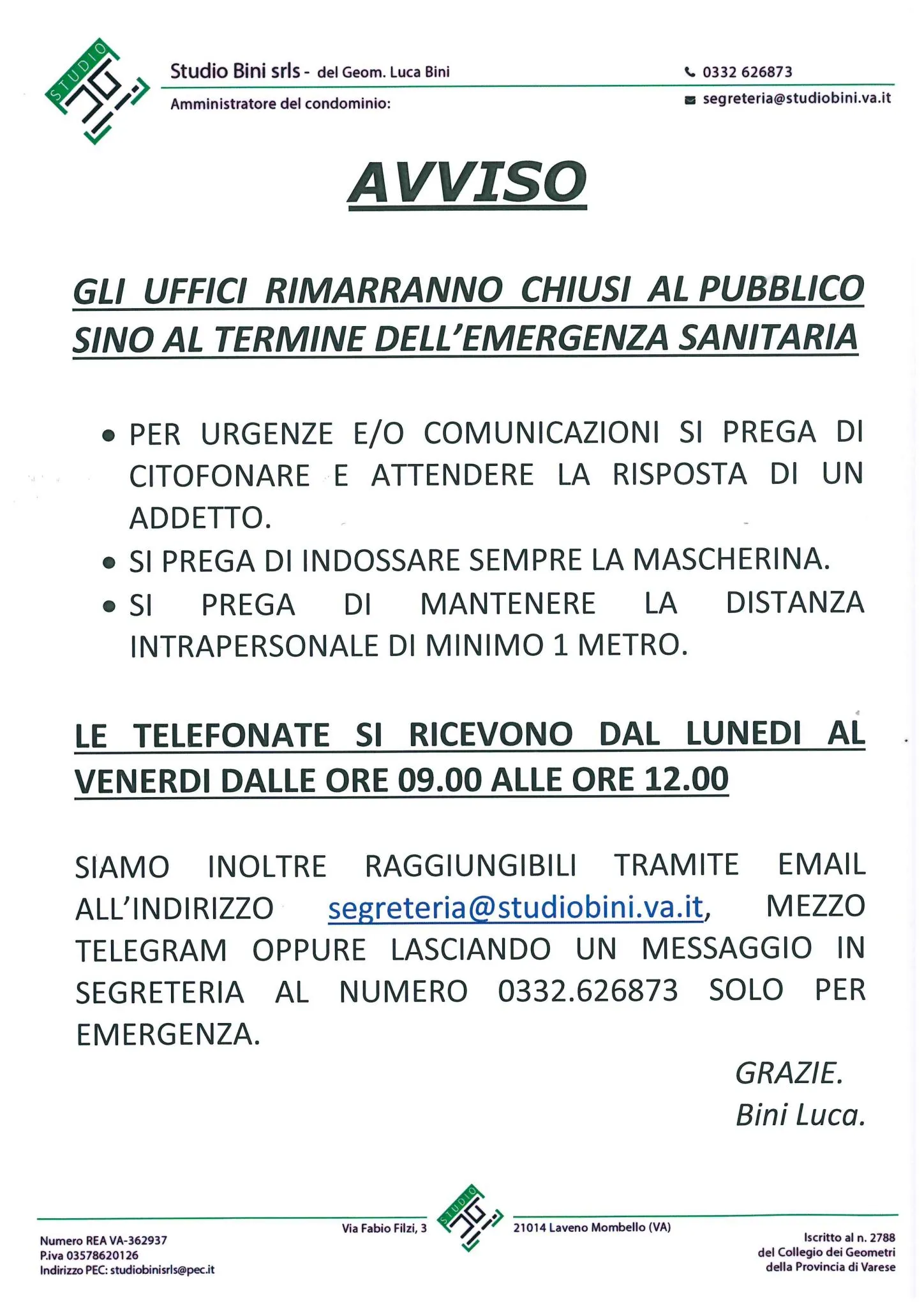 Scansione dell'avviso sul nuovo orario dell'ufficio
