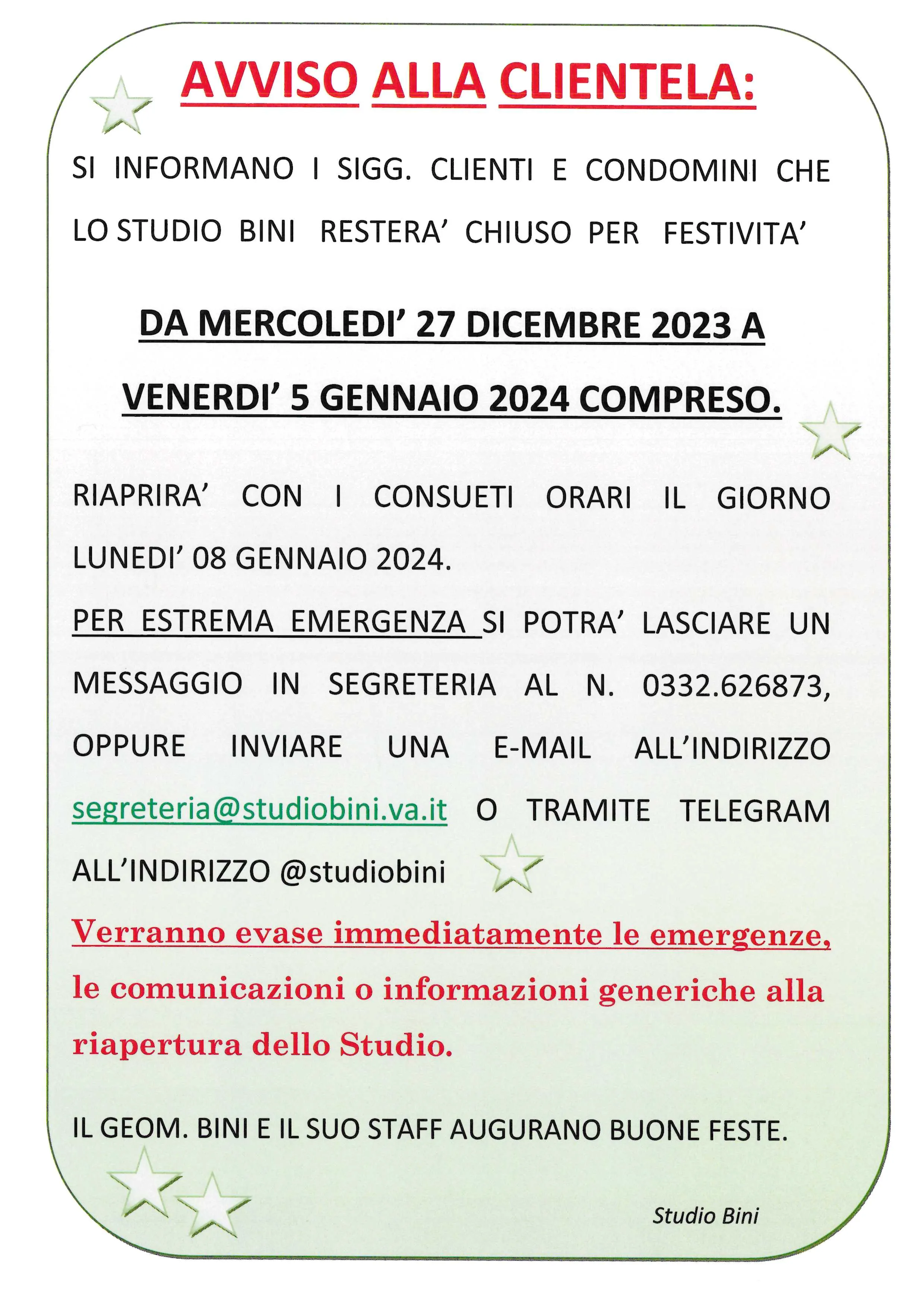 Locandina con le date di chiusura dello studio per le festività 2023